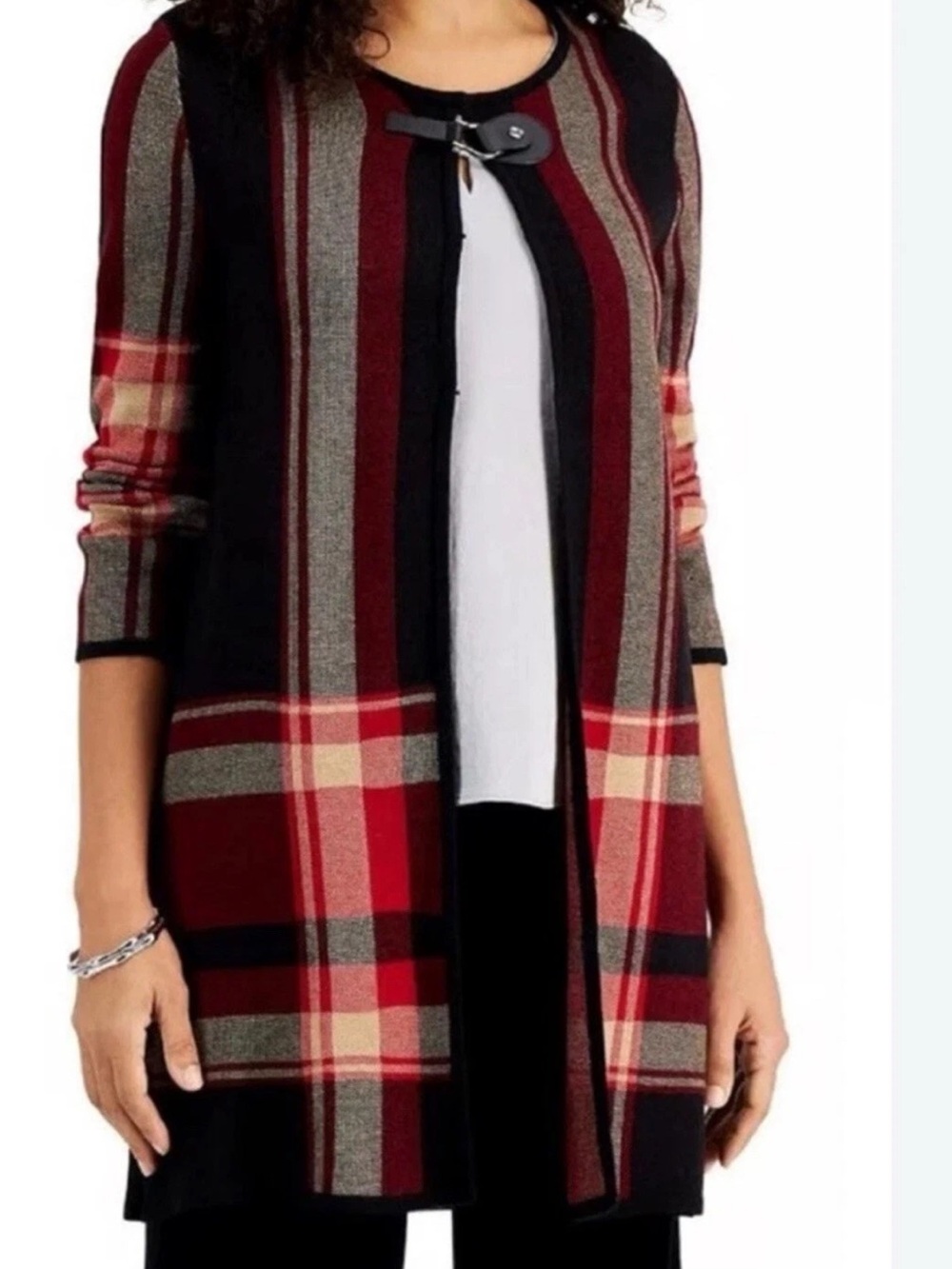 Anne Klein Women's Long Plaid Open-Front Duster Cardigan Buckle Closure Size S